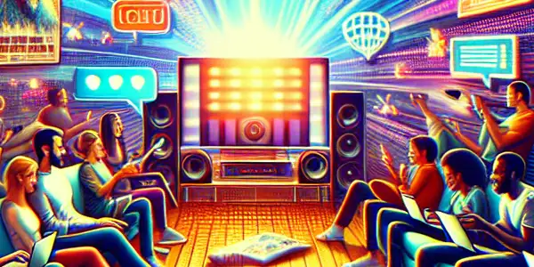 A lively digital living room scene with diverse individuals enjoying movies on various devices, surrounded by vibrant movie posters.