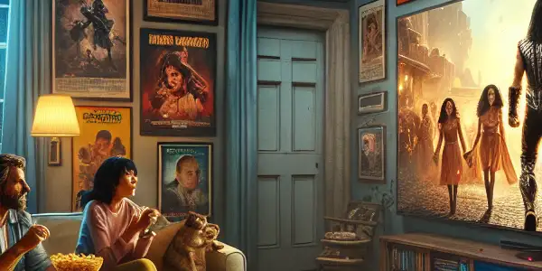 A cozy living room with a family enjoying an action movie on a large TV, surrounded by movie posters and snacks.