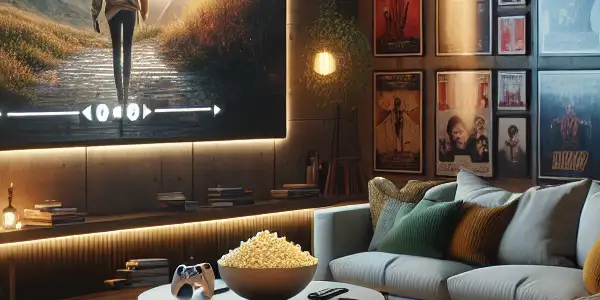 A cozy modern living room with a high-definition screen showing a dramatic movie scene, popcorn scattered around.