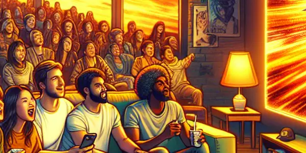 A cozy living room with friends enjoying a Korean movie, surrounded by snacks and a warm atmosphere.