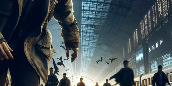 A determined thief stands in a bustling train station, surrounded by shadowy figures and a sense of urgency.