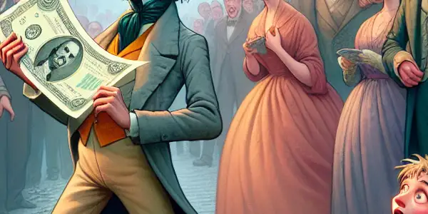 A young man holds a giant banknote in a lively London street, surrounded by astonished townsfolk and iconic landmarks.