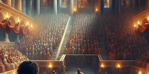 A grand Roman theater filled with toga-clad spectators watching a gladiatorial battle, featuring elaborate architecture and vibrant atmosphere.