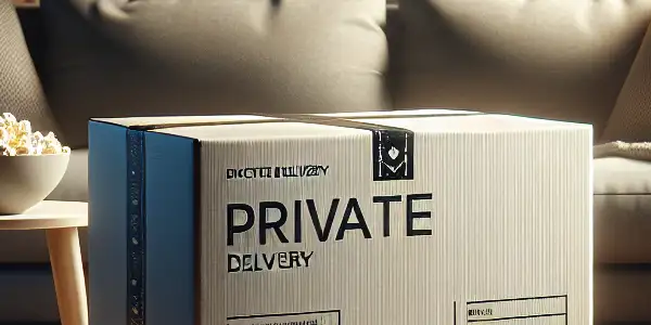 A modern, discreet packaging design for adult films in a cozy living room setting.