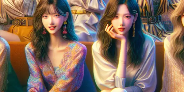 A lively gathering of glamorous Japanese actresses in a stylish room, embodying youthful energy and charm.