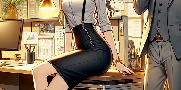 A modern office scene featuring a stylish female worker and a confident male boss, hinting at romantic tension.