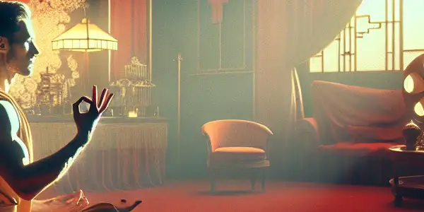 A serene figure practicing Kegel exercises in a dimly-lit room, surrounded by symbols of control and endurance.