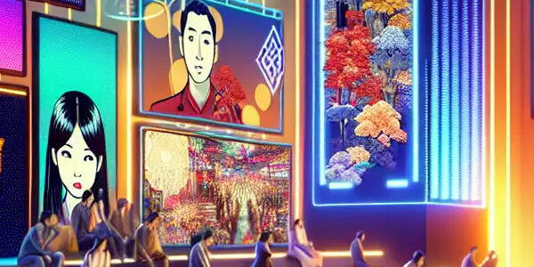 A vibrant digital entertainment hub showcasing diverse users engaging with colorful screens of Japanese AV content.